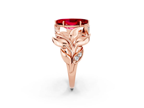 Rose gold Marquise Cut Ruby Leaf-Inspired Engagement Ring with Round Accents and Prong Setting