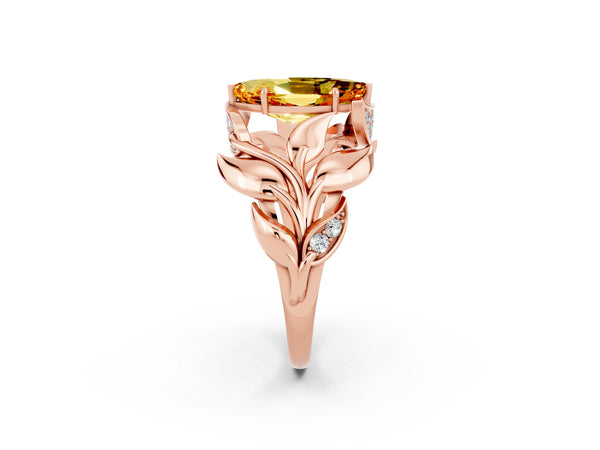 Rose gold Marquise Cut Citrine Leaf-Inspired Engagement Ring with Round Accents and Prong Setting