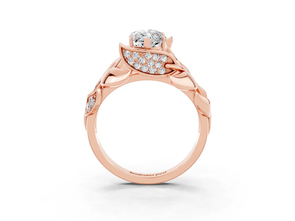 Rose gold Marquise Cut Moissanite Leaf-Inspired Engagement Ring with Round Accents and Prong Setting