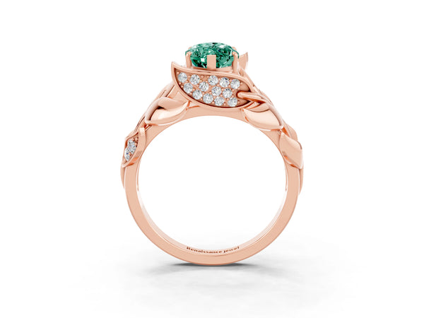 Rose gold Marquise Cut Green Sapphire Leaf-Inspired Engagement Ring with Round Accents and Prong Setting