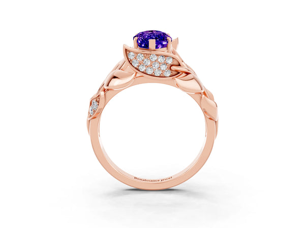 Rose gold Marquise Cut Tanzanite Leaf-Inspired Engagement Ring with Round Accents and Prong Setting