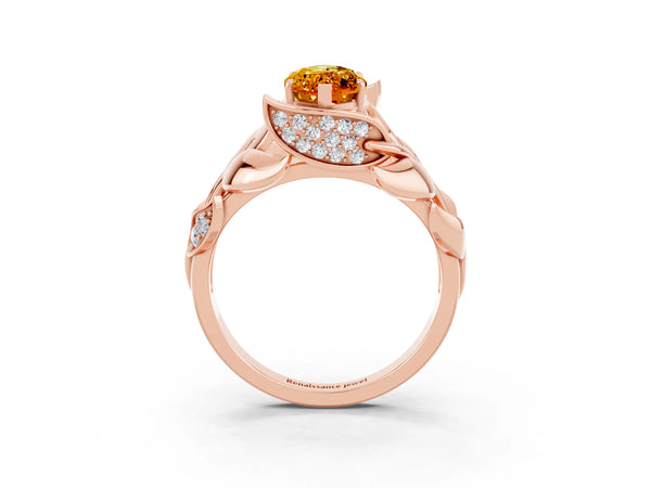 Rose gold Marquise Cut Citrine Leaf-Inspired Engagement Ring with Round Accents and Prong Setting