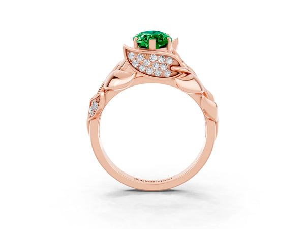 Rose gold Marquise Cut Emerald Leaf-Inspired Engagement Ring with Round Accents and Prong Setting