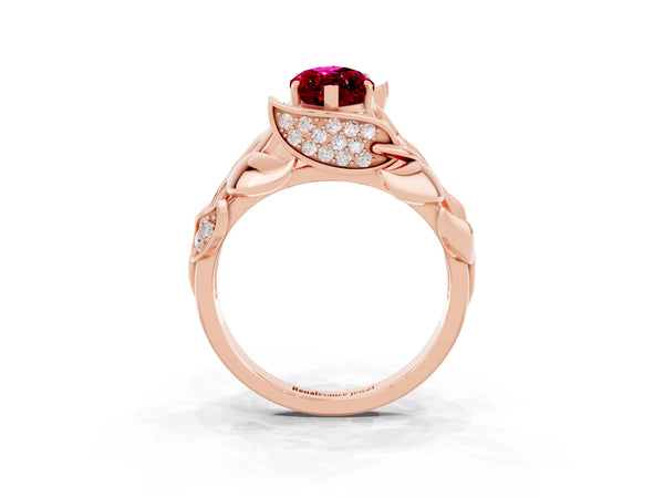 Rose gold Marquise Cut Garnet Leaf-Inspired Engagement Ring with Round Accents and Prong Setting