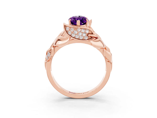 Rose gold Marquise Cut Amethyst Leaf-Inspired Engagement Ring with Round Accents and Prong Setting