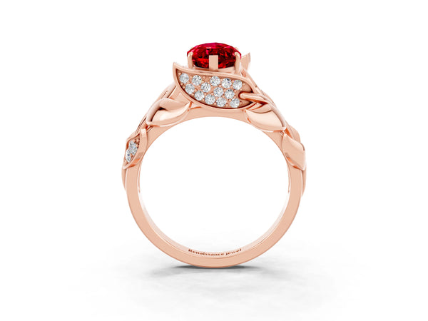 Rose gold Marquise Cut Ruby Leaf-Inspired Engagement Ring with Round Accents and Prong Setting