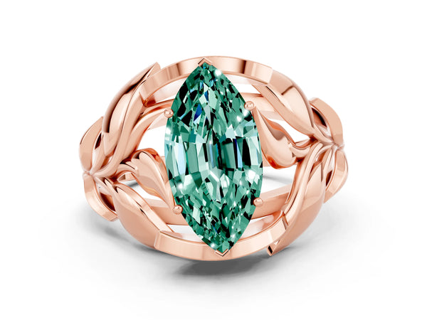 Rose gold Marquise Cut Green Sapphire Leaf-Inspired Engagement Ring with Round Accents and Prong Setting