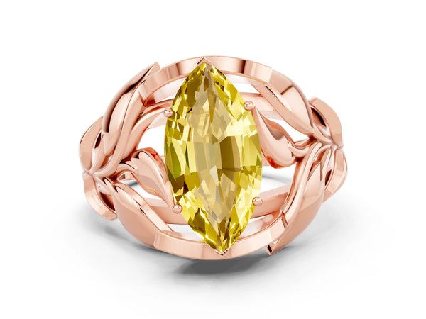 Rose gold Marquise Cut Yellow Sapphire Leaf-Inspired Engagement Ring with Round Accents and Prong Setting