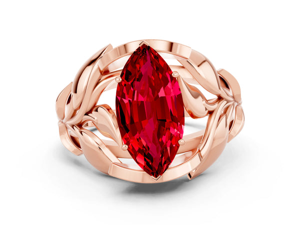 Rose gold Marquise Cut Ruby Leaf-Inspired Engagement Ring with Round Accents and Prong Setting