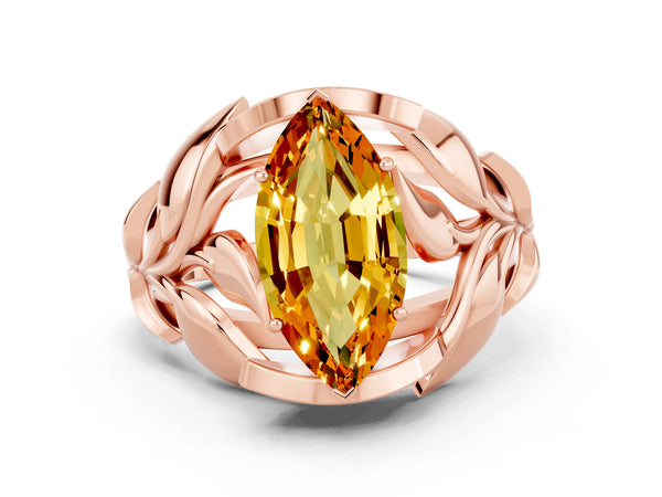 Rose gold Marquise Cut Citrine Leaf-Inspired Engagement Ring with Round Accents and Prong Setting