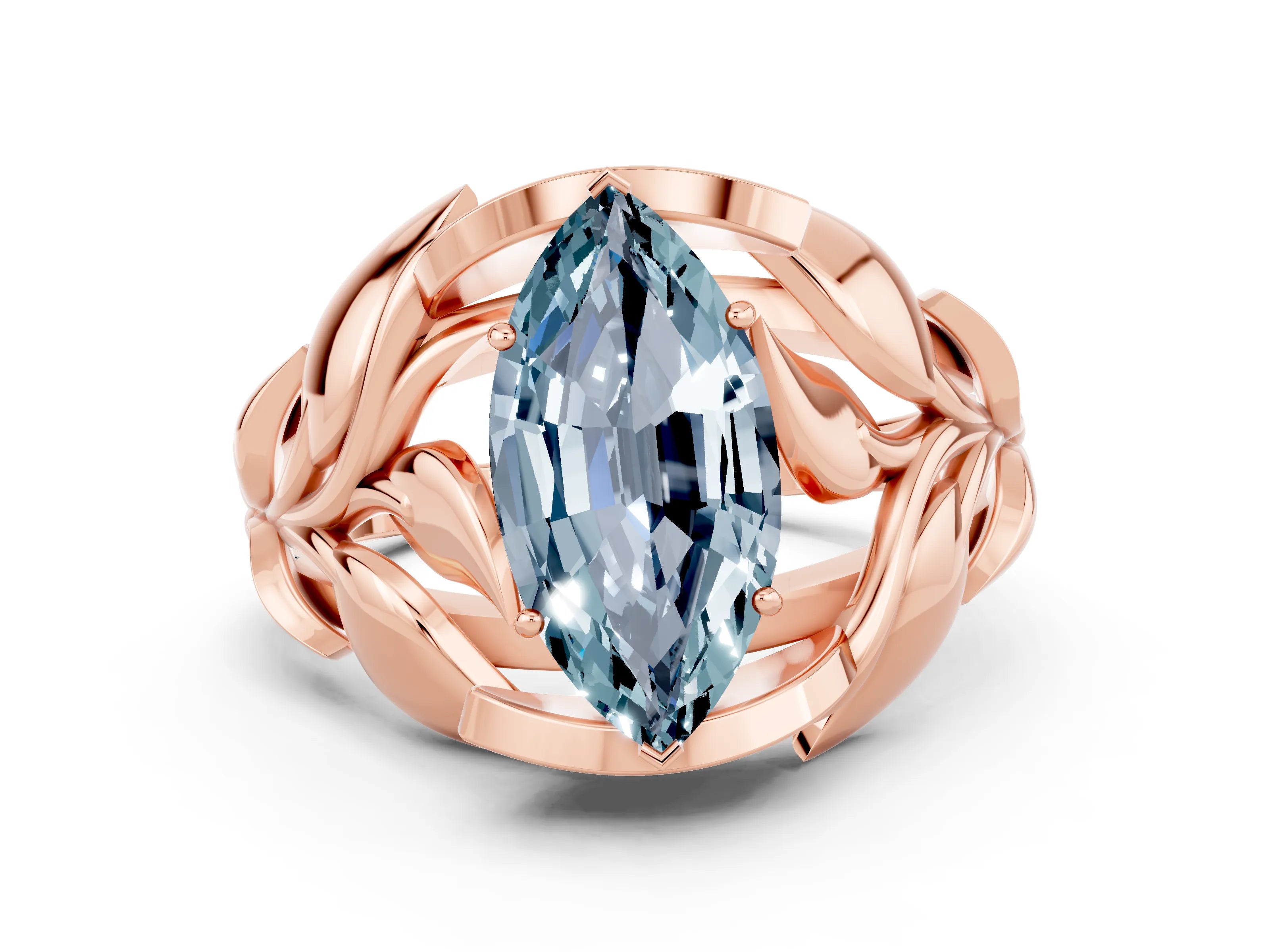 Rose gold Marquise Cut Solitaire Leaf-Inspired Engagement Ring with Prong Setting