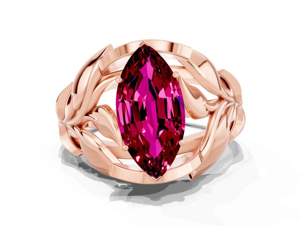 Rose gold Marquise Cut Garnet Leaf-Inspired Engagement Ring with Round Accents and Prong Setting