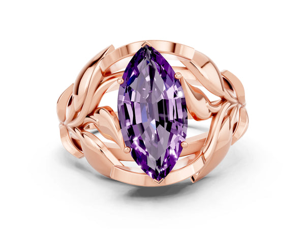 Rose gold Marquise Cut Amethyst Leaf-Inspired Engagement Ring with Round Accents and Prong Setting