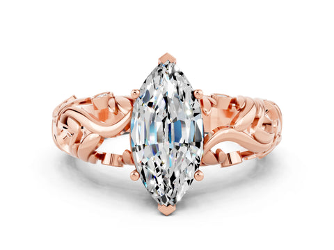 Rose gold Marquise Cut Solitaire Moissanite Leaf-Inspired Vine Band Ring with Prong Setting