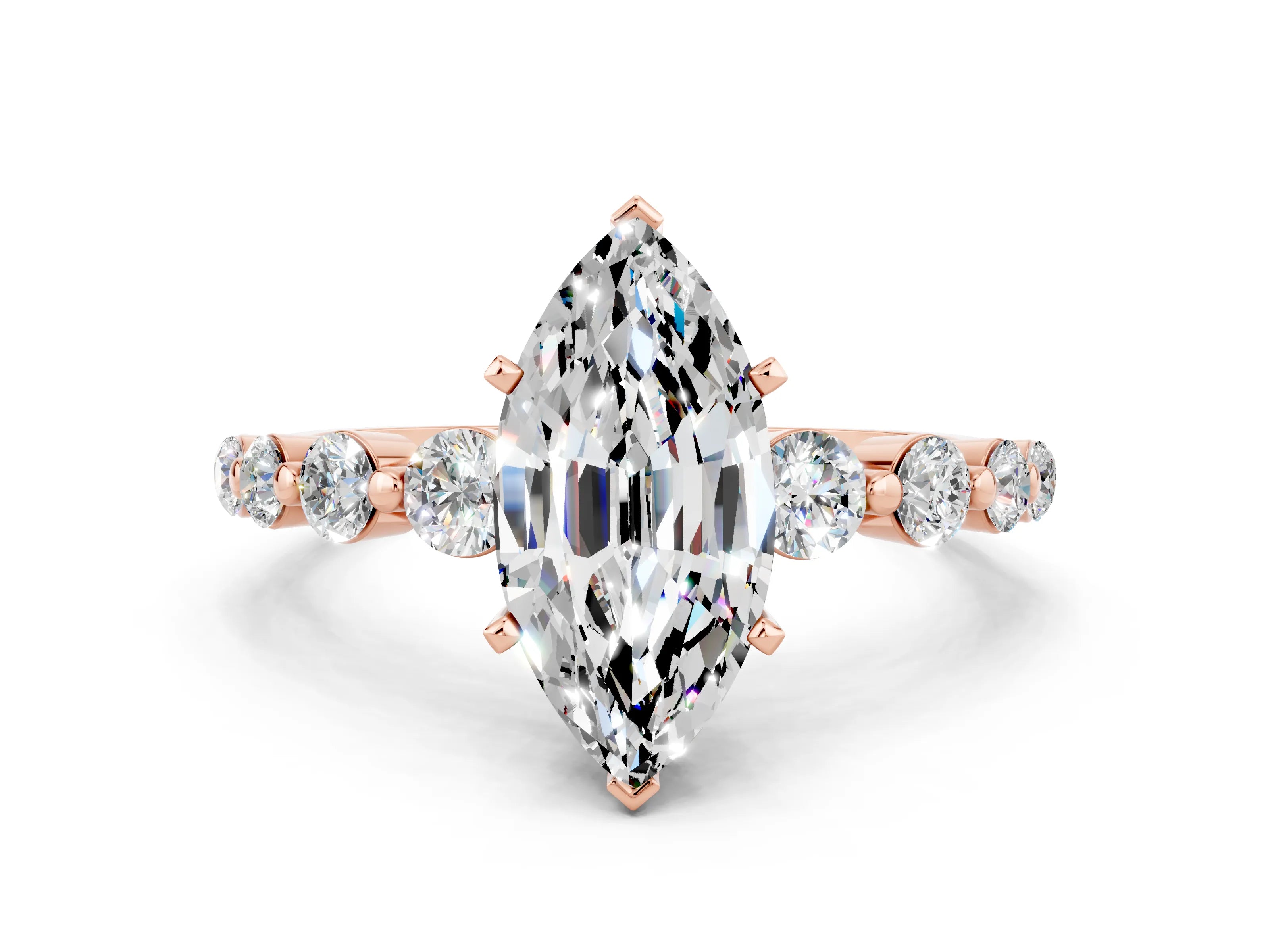Rose gold Marquise Cut Solitaire Moissanite Ring with Pave Band and Four-Prong Setting