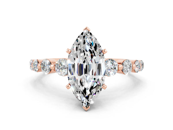 Rose gold Marquise Cut Solitaire Moissanite Ring with Pave Band and Four-Prong Setting