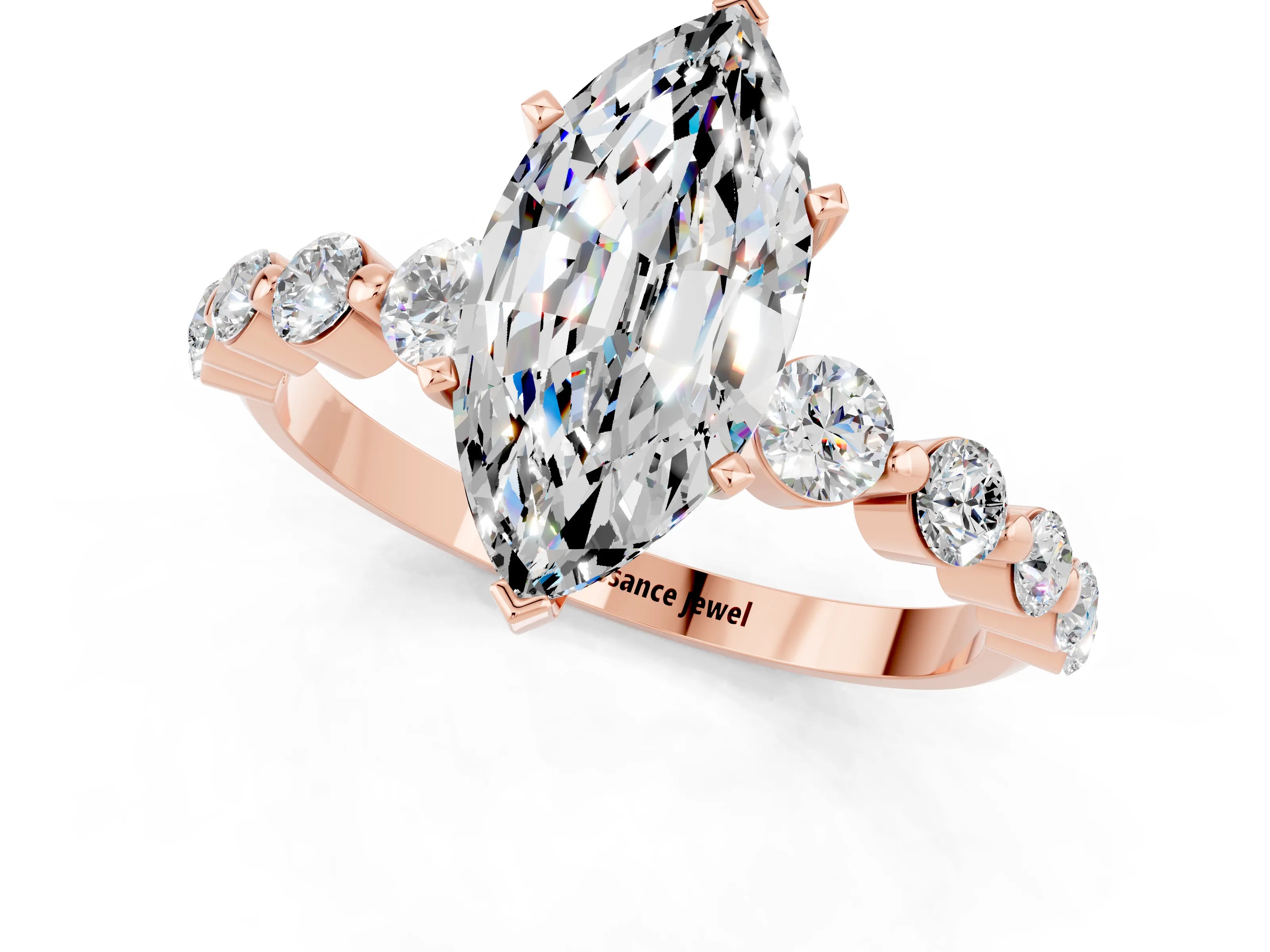 Rose gold Marquise Cut Solitaire Moissanite Ring with Pave Band and Four-Prong Setting_1