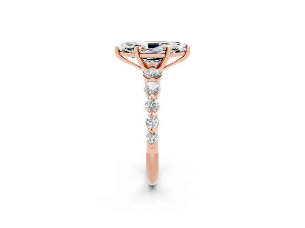 Rose gold Marquise Cut Solitaire Moissanite Ring with Pave Band and Four-Prong Setting