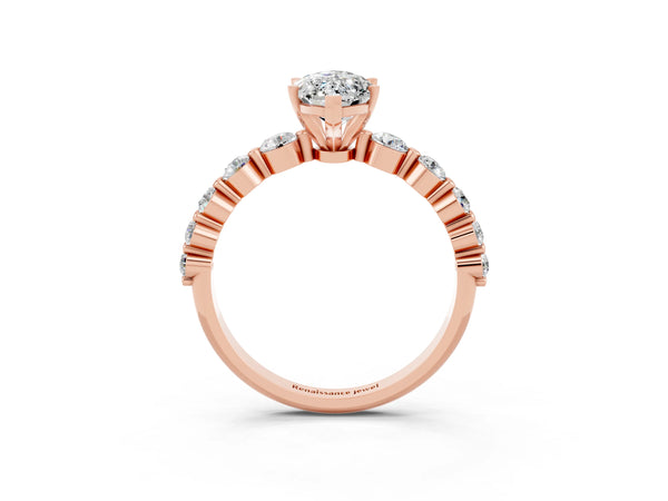 Rose gold Marquise Cut Solitaire Moissanite Ring with Pave Band and Four-Prong Setting