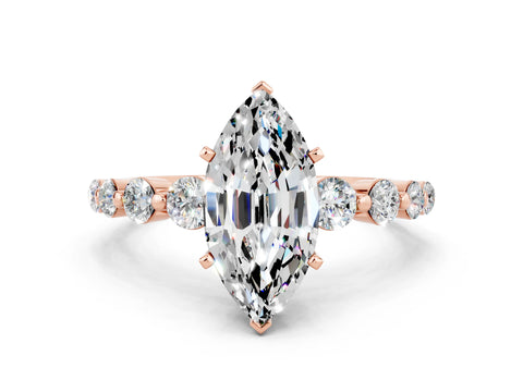 Rose gold Marquise Cut Solitaire Moissanite Ring with Pave Band and Four-Prong Setting