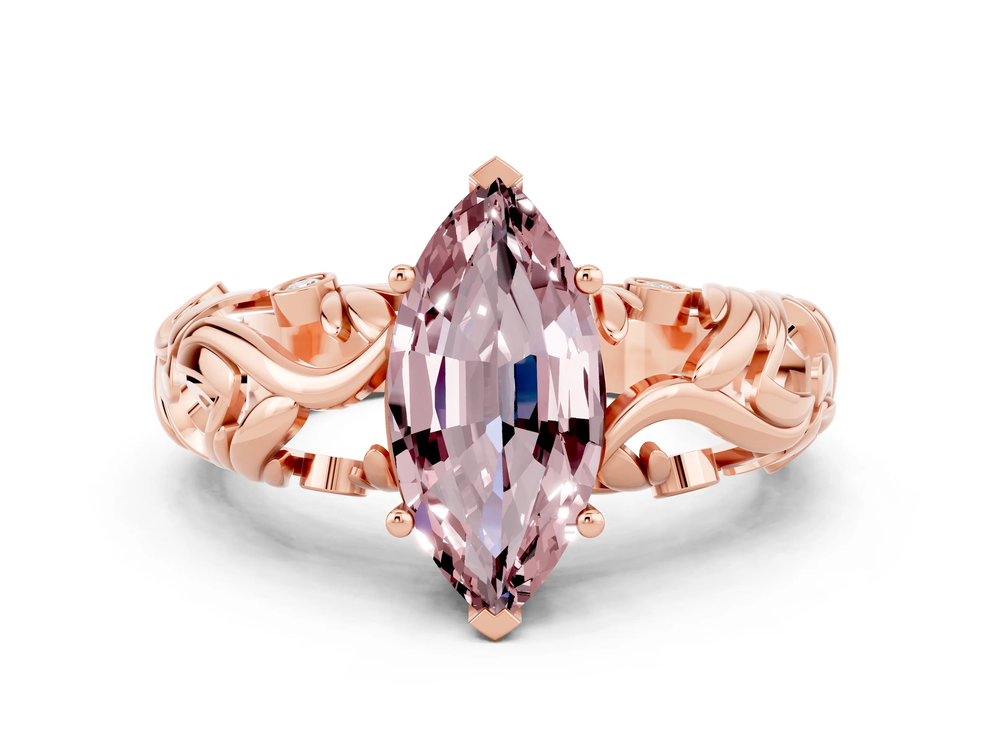 Rose gold Marquise Cut Solitaire Morganite Leaf-Inspired Vine Band Ring with Prong Setting