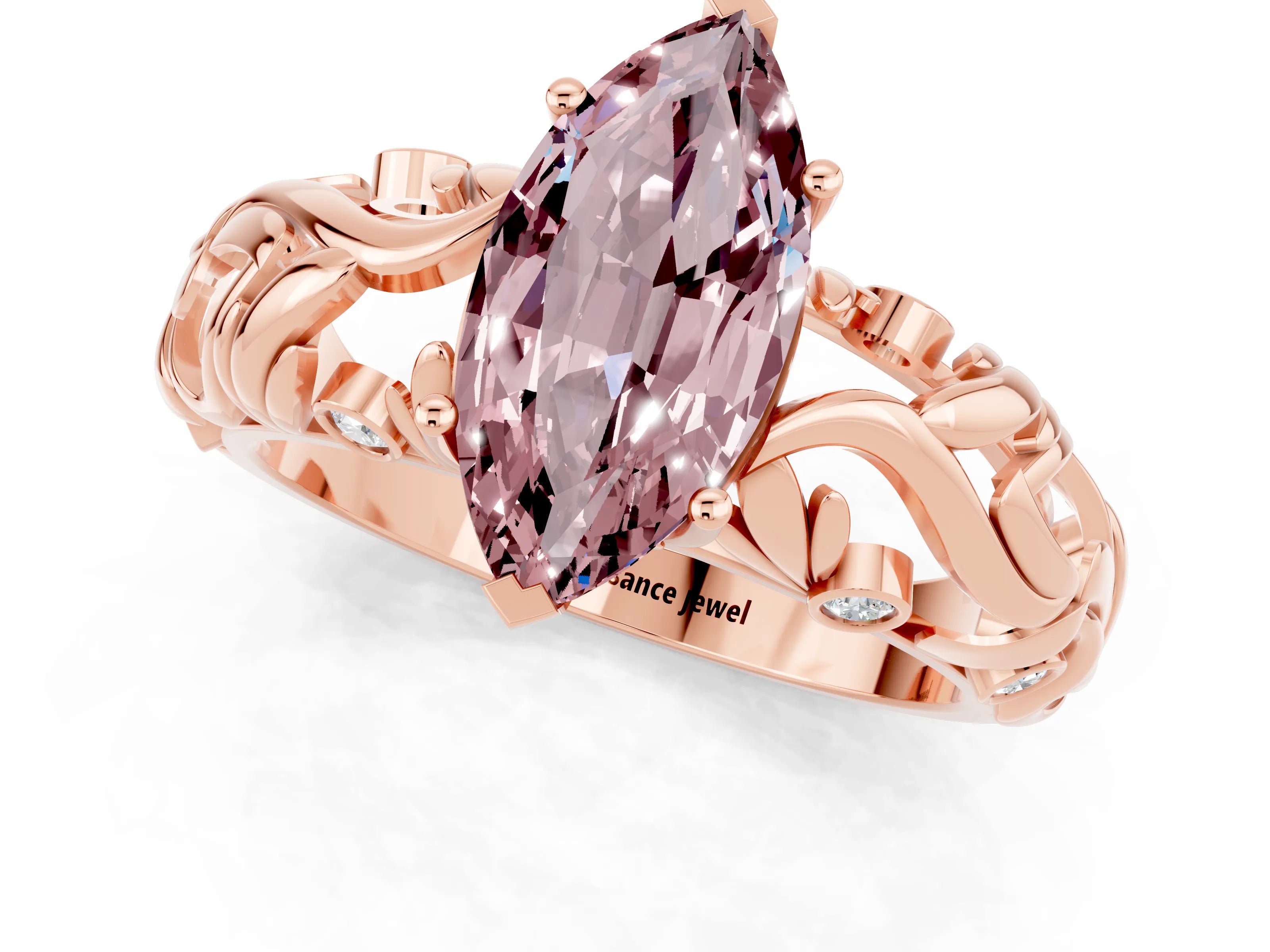Rose gold Marquise Cut Solitaire Morganite Leaf-Inspired Vine Band Ring with Prong Setting_1