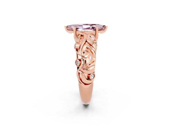 Rose gold Marquise Cut Solitaire Morganite Leaf-Inspired Vine Band Ring with Prong Setting