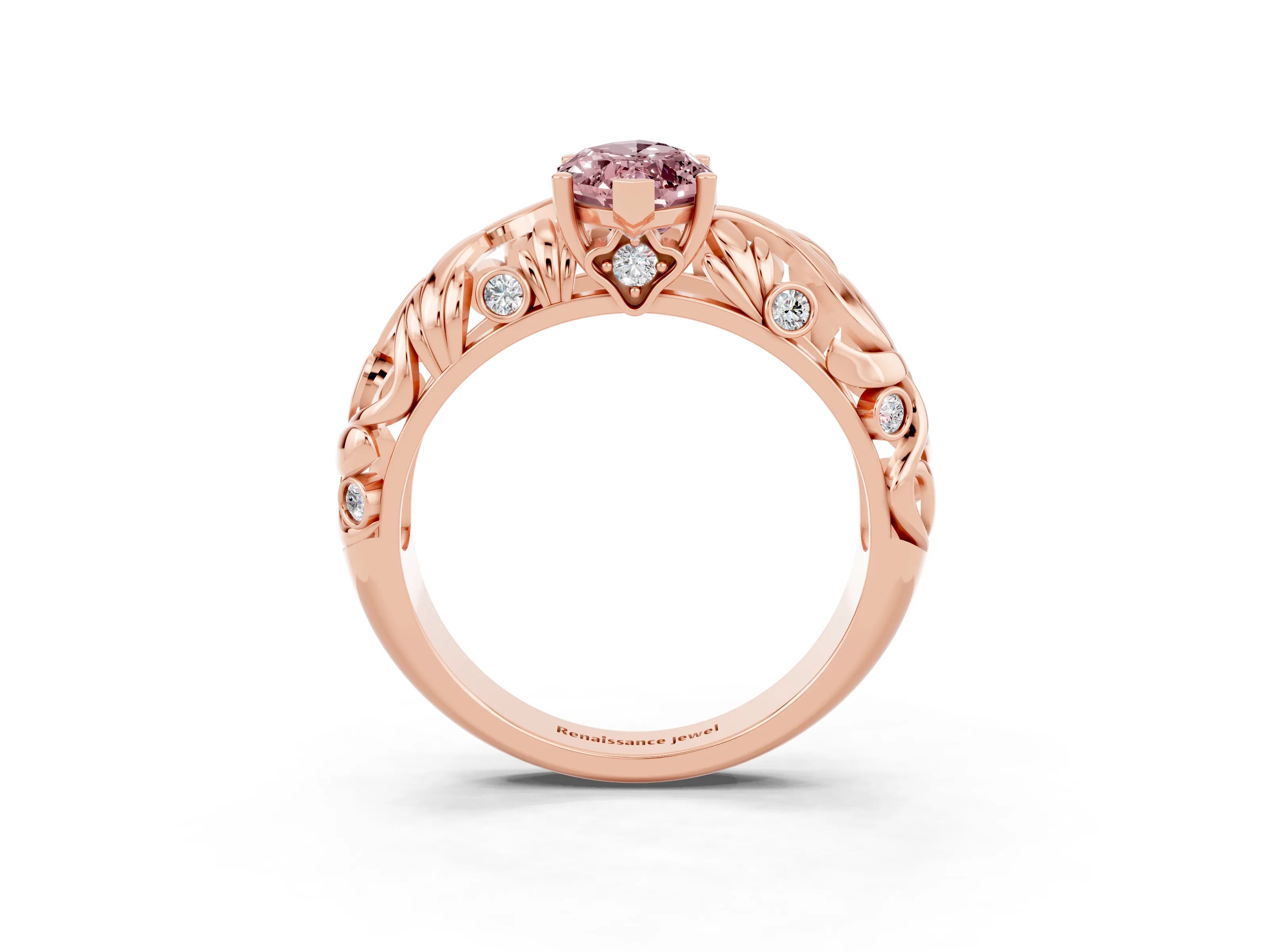 Rose gold Marquise Cut Solitaire Morganite Leaf-Inspired Vine Band Ring with Prong Setting_3