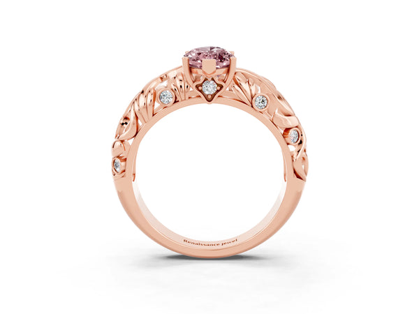 Rose gold Marquise Cut Solitaire Morganite Leaf-Inspired Vine Band Ring with Prong Setting