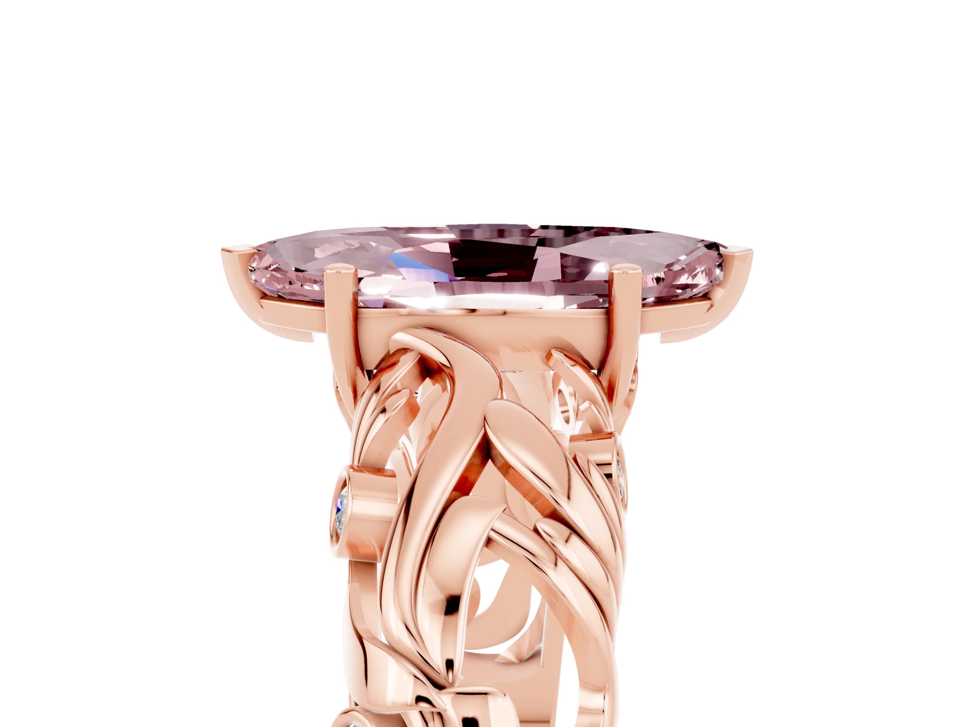 Rose gold Marquise Cut Solitaire Morganite Leaf-Inspired Vine Band Ring with Prong Setting_5