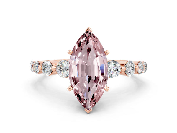 Rose gold Marquise Cut Solitaire Morganite Ring with Pave Band and Four-Prong Setting