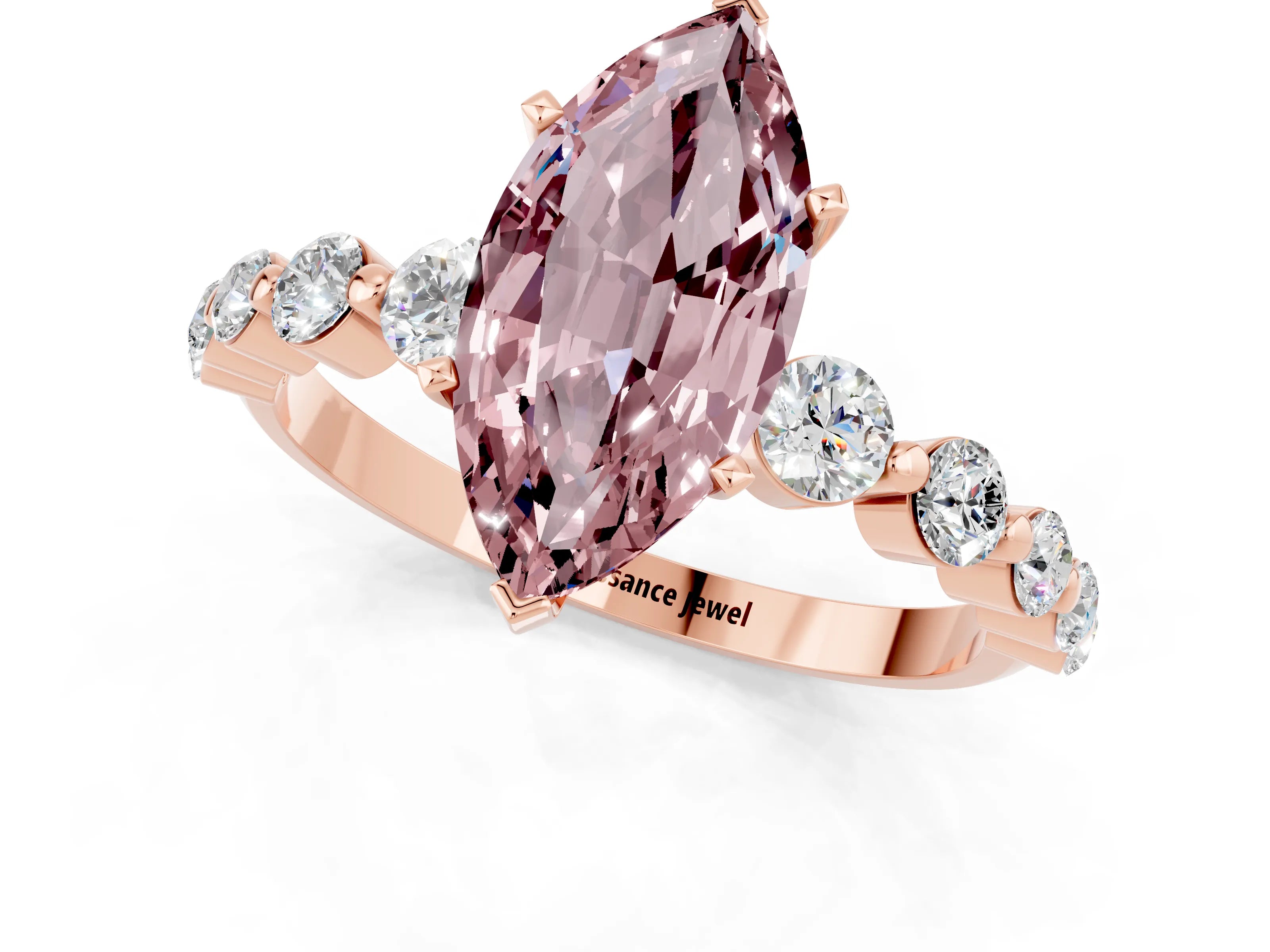 Rose gold Marquise Cut Solitaire Morganite Ring with Pave Band and Four-Prong Setting_1