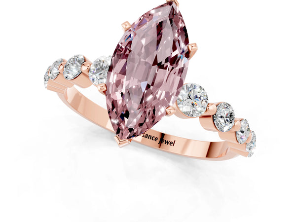 Rose gold Marquise Cut Solitaire Morganite Ring with Pave Band and Four-Prong Setting