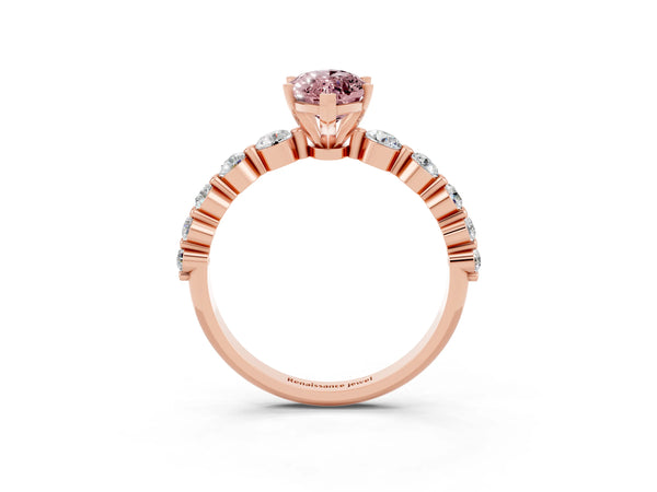 Rose gold Marquise Cut Solitaire Morganite Ring with Pave Band and Four-Prong Setting