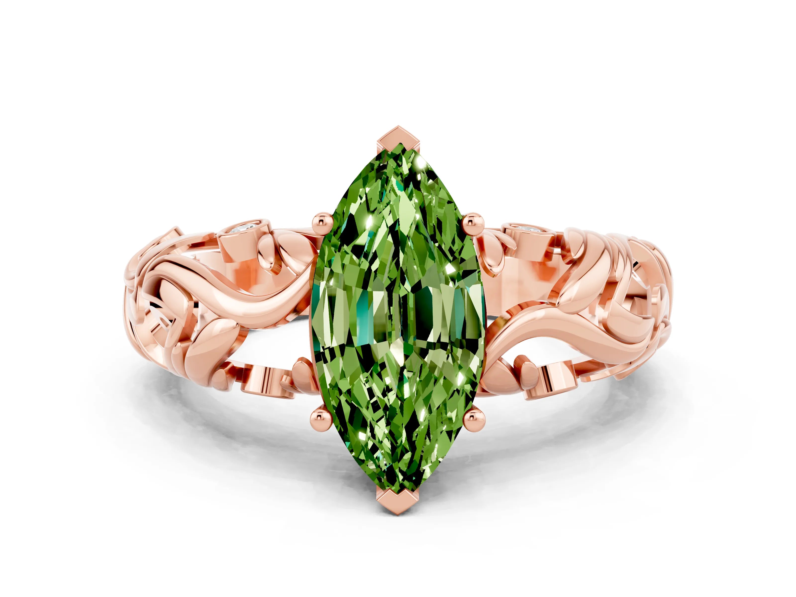 Rose gold Marquise Cut Solitaire Peridot Leaf-Inspired Vine Band Ring with Prong Setting