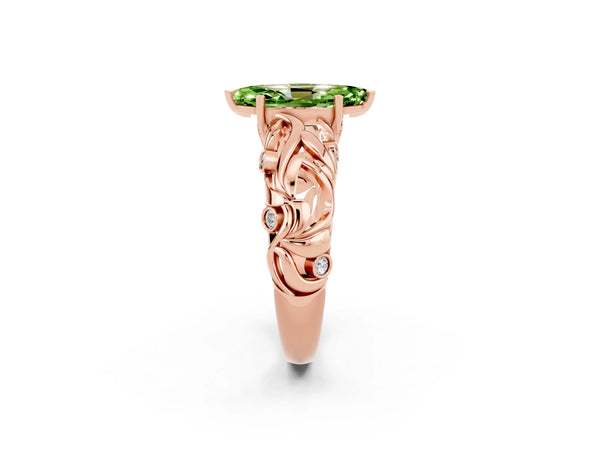 Rose gold Marquise Cut Solitaire Peridot Leaf-Inspired Vine Band Ring with Prong Setting