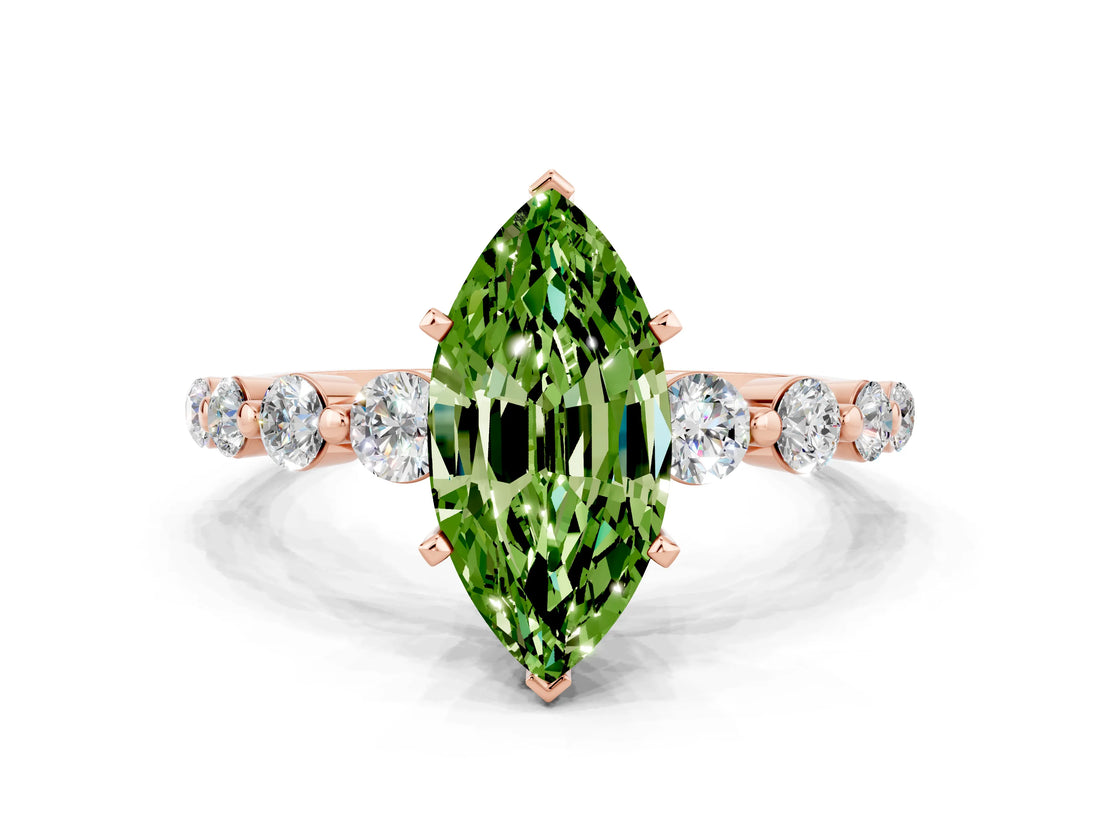 Rose gold Marquise Cut Solitaire Peridot Ring with Pave Band and Four-Prong Setting