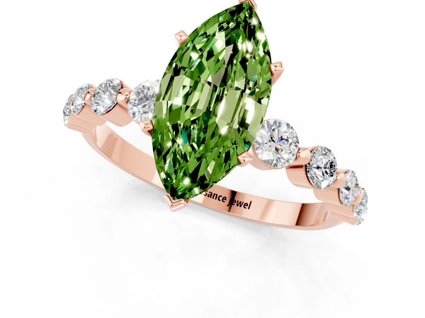 Rose gold Marquise Cut Solitaire Peridot Ring with Pave Band and Four-Prong Setting