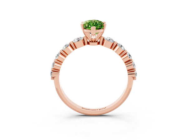 Rose gold Marquise Cut Solitaire Peridot Ring with Pave Band and Four-Prong Setting