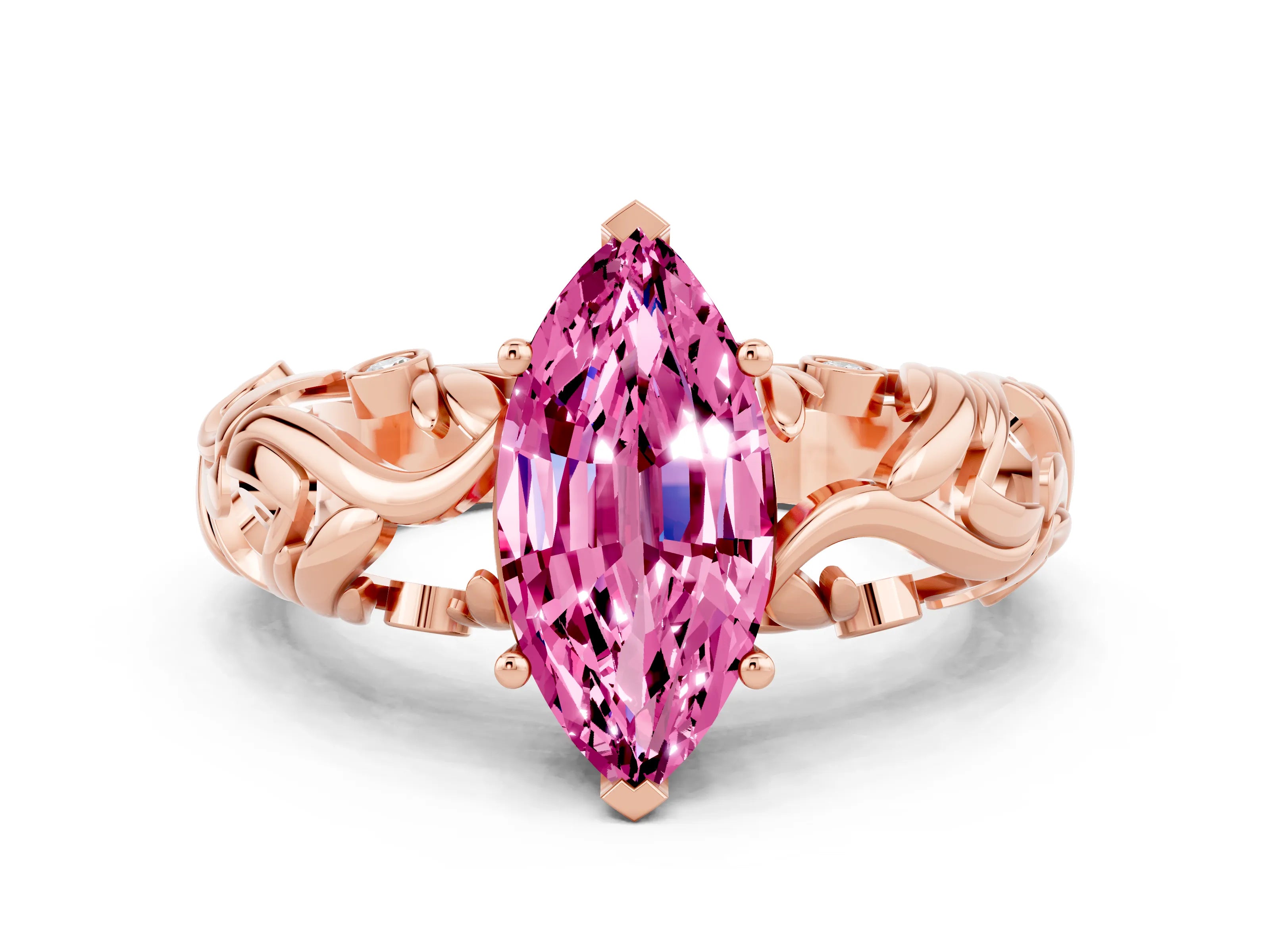 Rose gold Marquise Cut Solitaire Pink Sapphire Leaf-Inspired Vine Band Ring with Prong Setting_24
