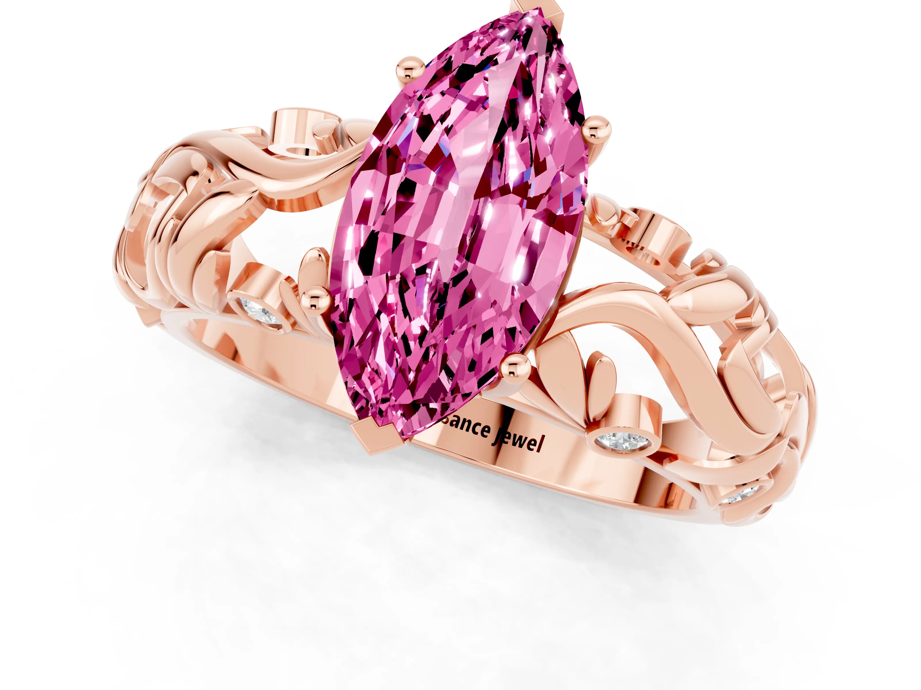 Rose gold Marquise Cut Solitaire Pink Sapphire Leaf-Inspired Vine Band Ring with Prong Setting_25