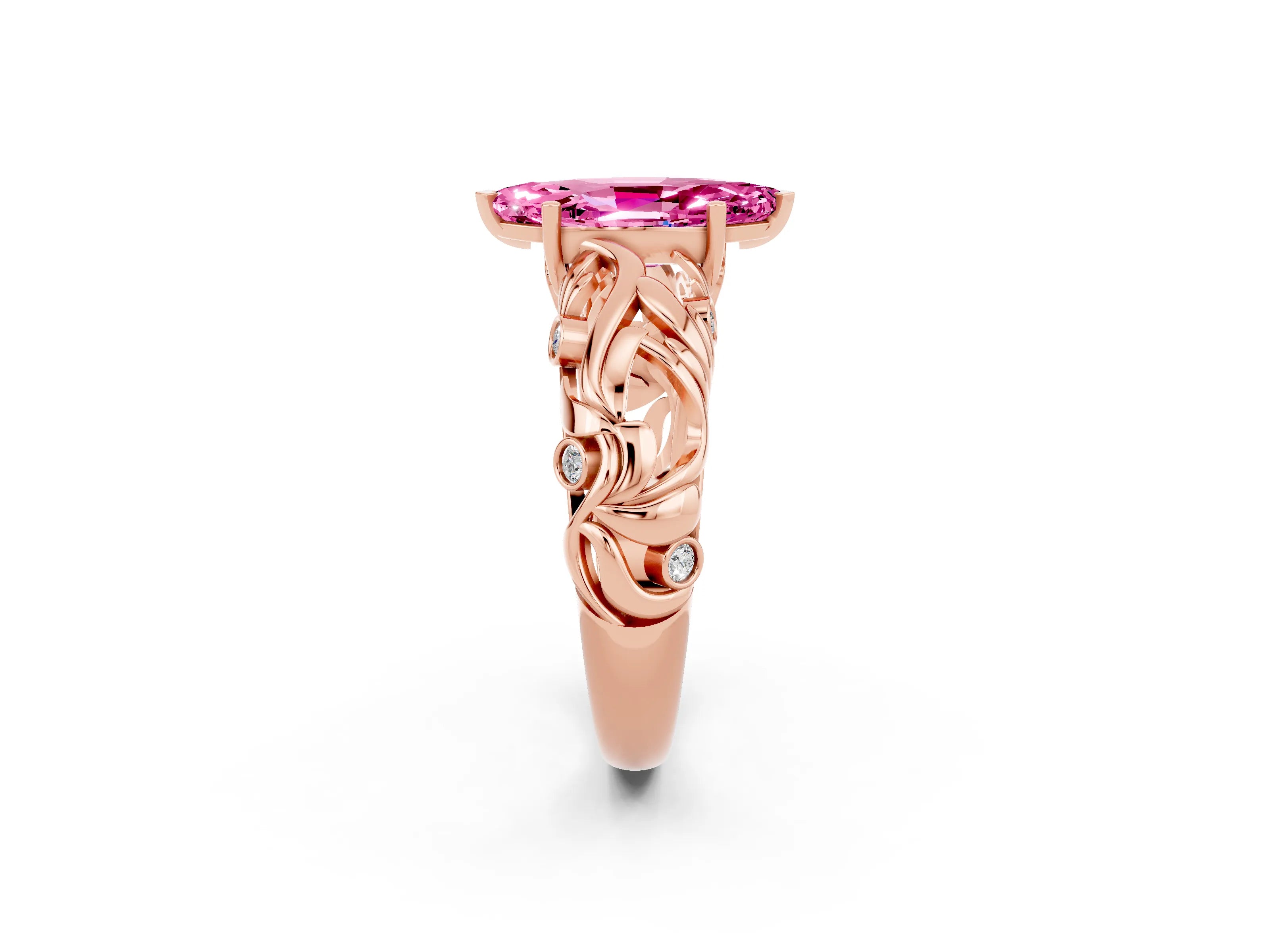 Rose gold Marquise Cut Solitaire Pink Sapphire Leaf-Inspired Vine Band Ring with Prong Setting_26