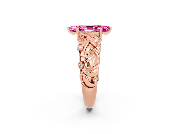 Rose gold Marquise Cut Solitaire Pink Sapphire Leaf-Inspired Vine Band Ring with Prong Setting