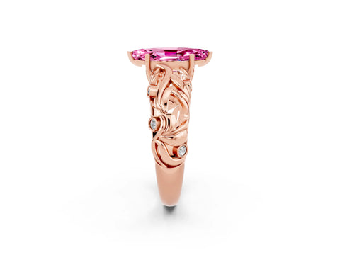 Rose gold Marquise Cut Solitaire Pink Sapphire Leaf-Inspired Vine Band Ring with Prong Setting_26