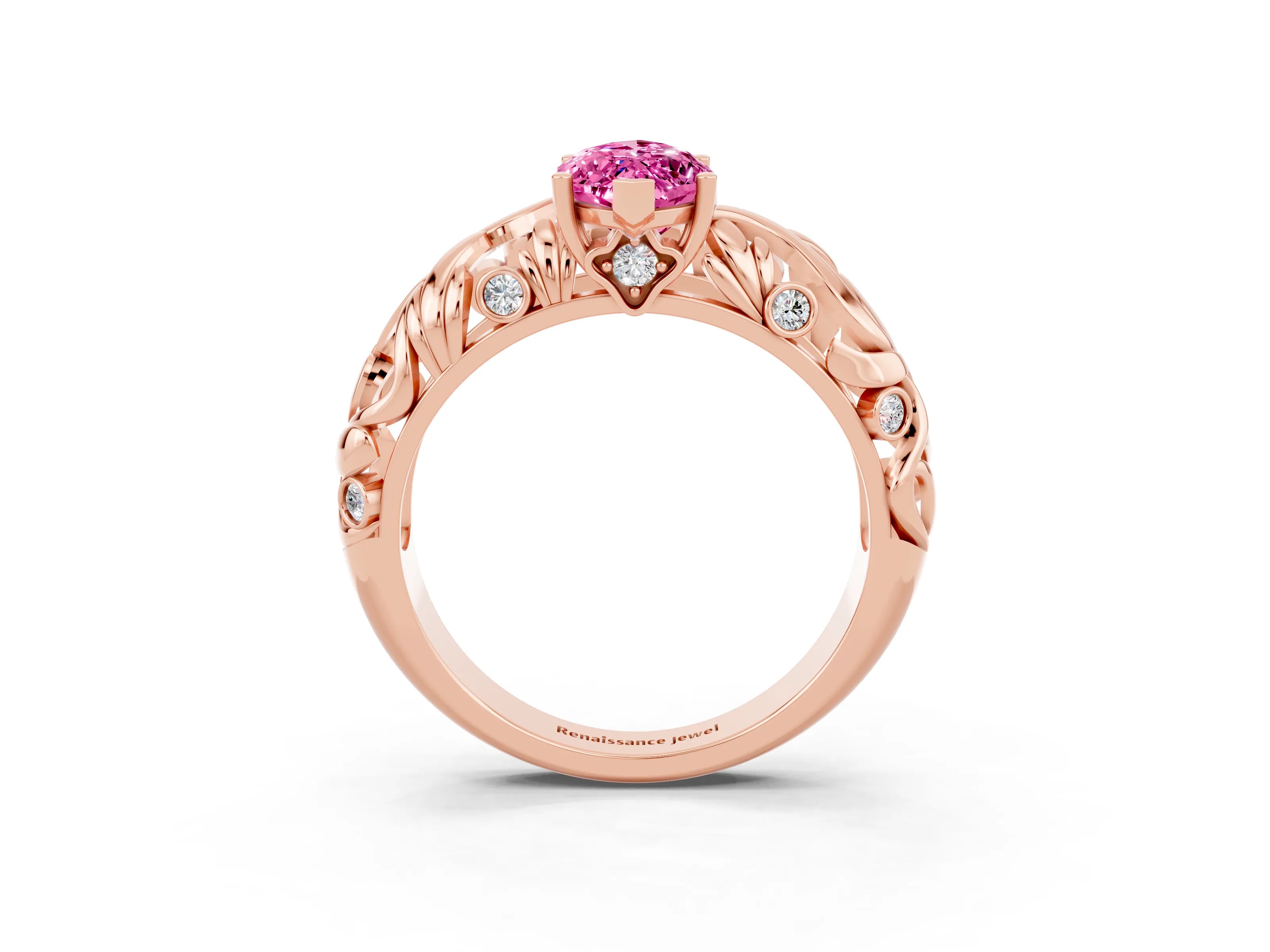 Rose gold Marquise Cut Solitaire Pink Sapphire Leaf-Inspired Vine Band Ring with Prong Setting_27