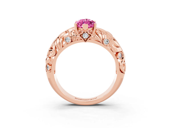 Rose gold Marquise Cut Solitaire Pink Sapphire Leaf-Inspired Vine Band Ring with Prong Setting
