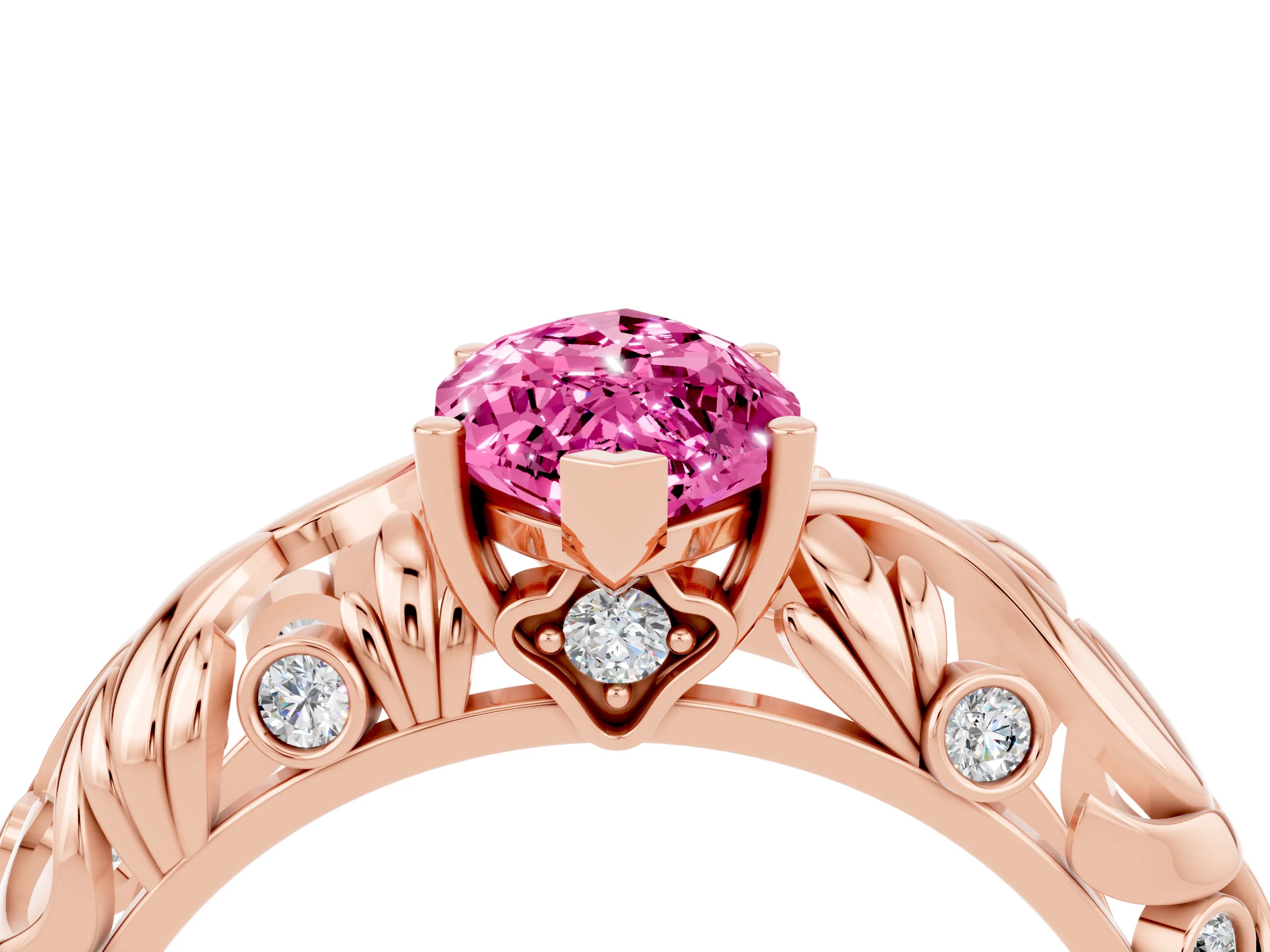 Rose gold Marquise Cut Solitaire Pink Sapphire Leaf-Inspired Vine Band Ring with Prong Setting_28
