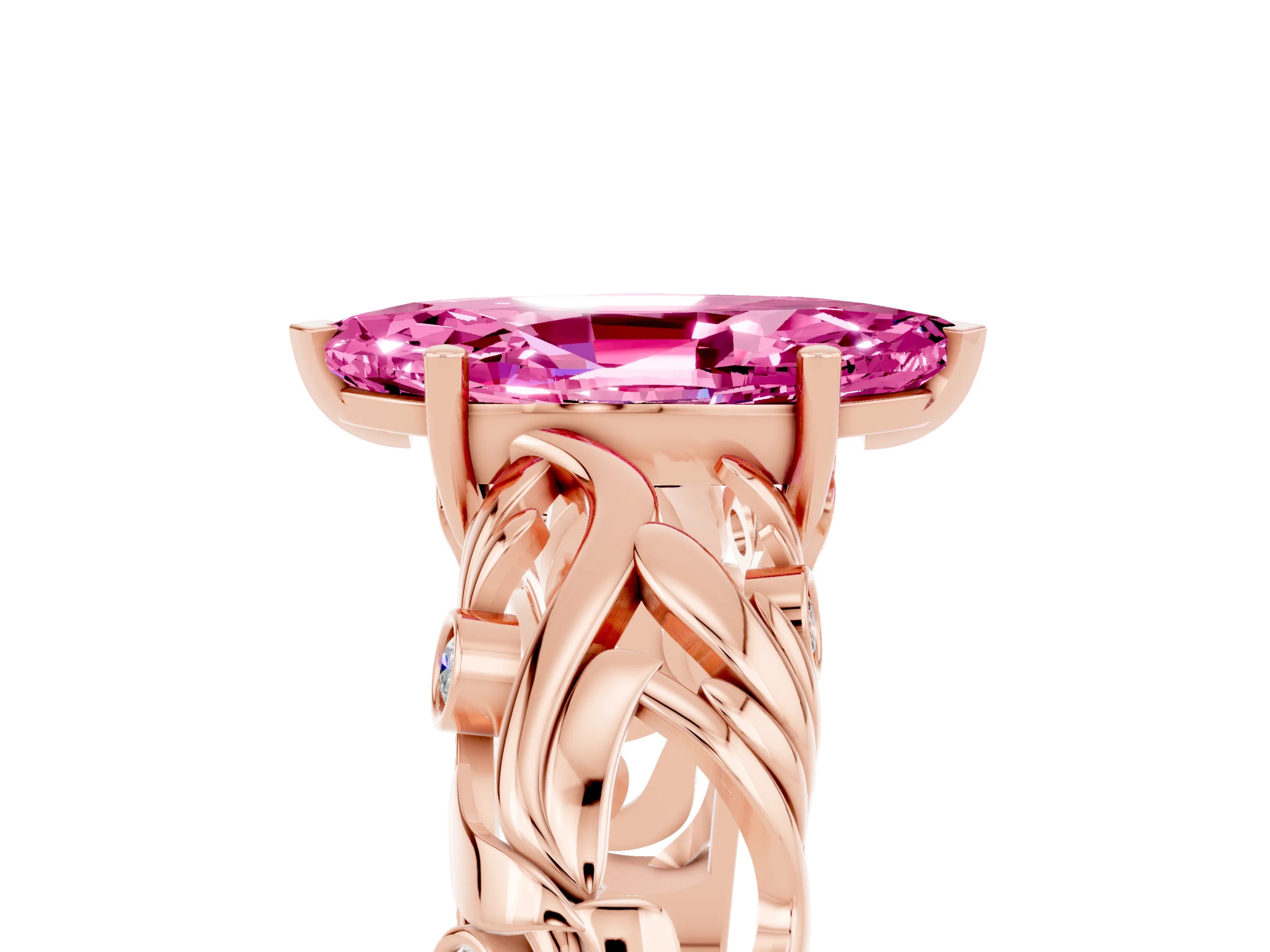 Rose gold Marquise Cut Solitaire Pink Sapphire Leaf-Inspired Vine Band Ring with Prong Setting_29