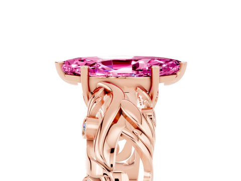 Rose gold Marquise Cut Solitaire Pink Sapphire Leaf-Inspired Vine Band Ring with Prong Setting_29