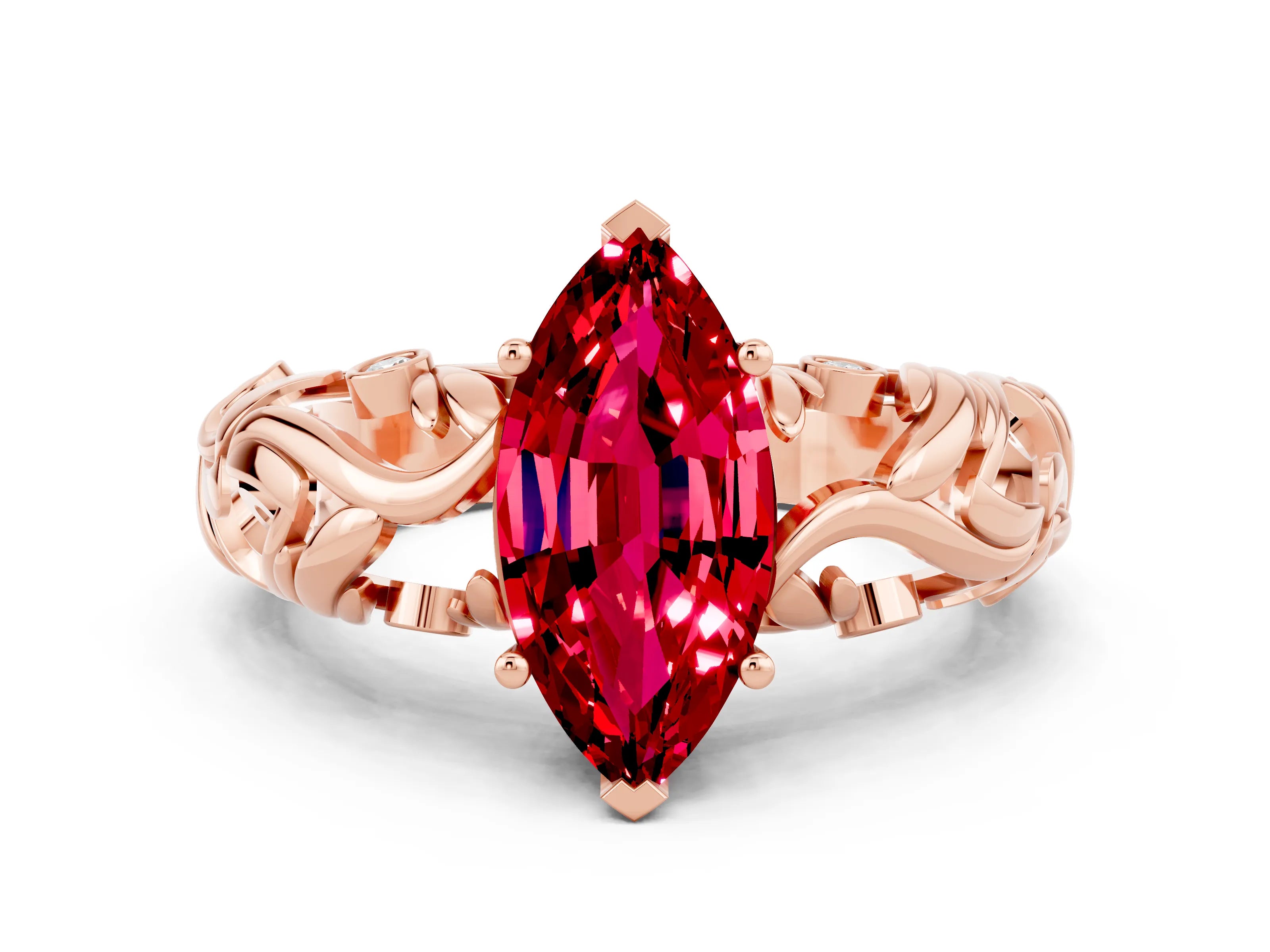 Rose gold Marquise Cut Solitaire Ruby Leaf-Inspired Vine Band Ring with Prong Setting